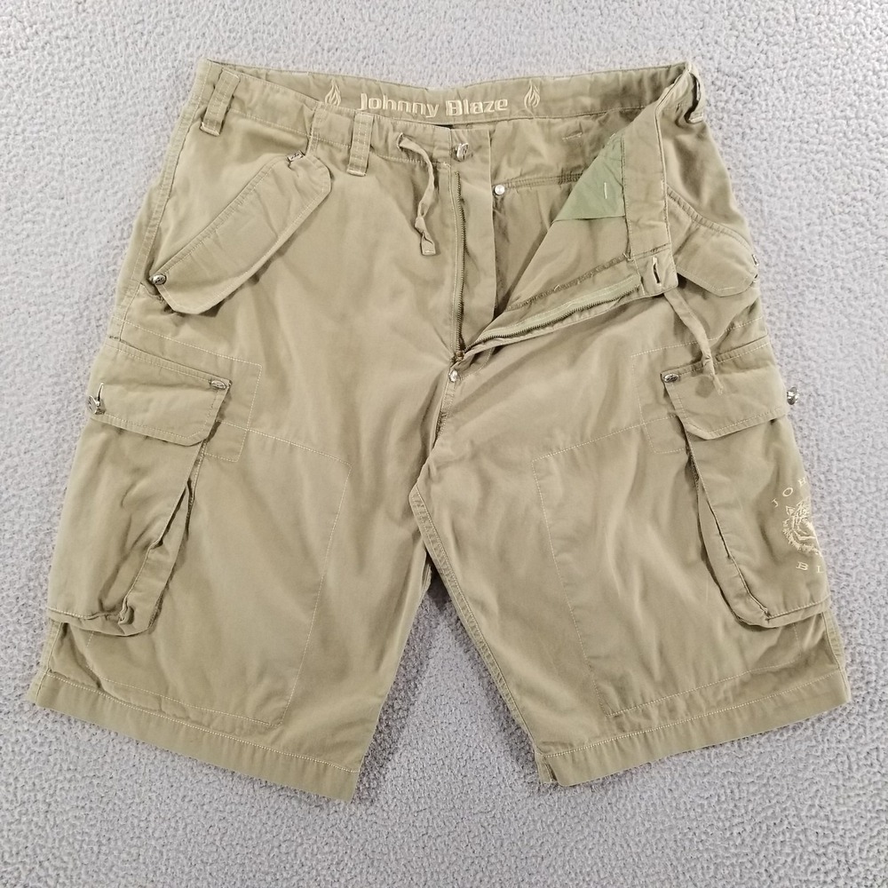 Johnny Blaze Tiger Shorts Men 36 Khaki Cargo Embroidered Spellout Y2K Streetwear
